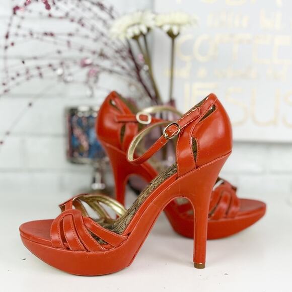 Michael Antonio Orange Leather Strappy Platform Stiletto High Heels Size 8.5 M - Picture 1 of 9